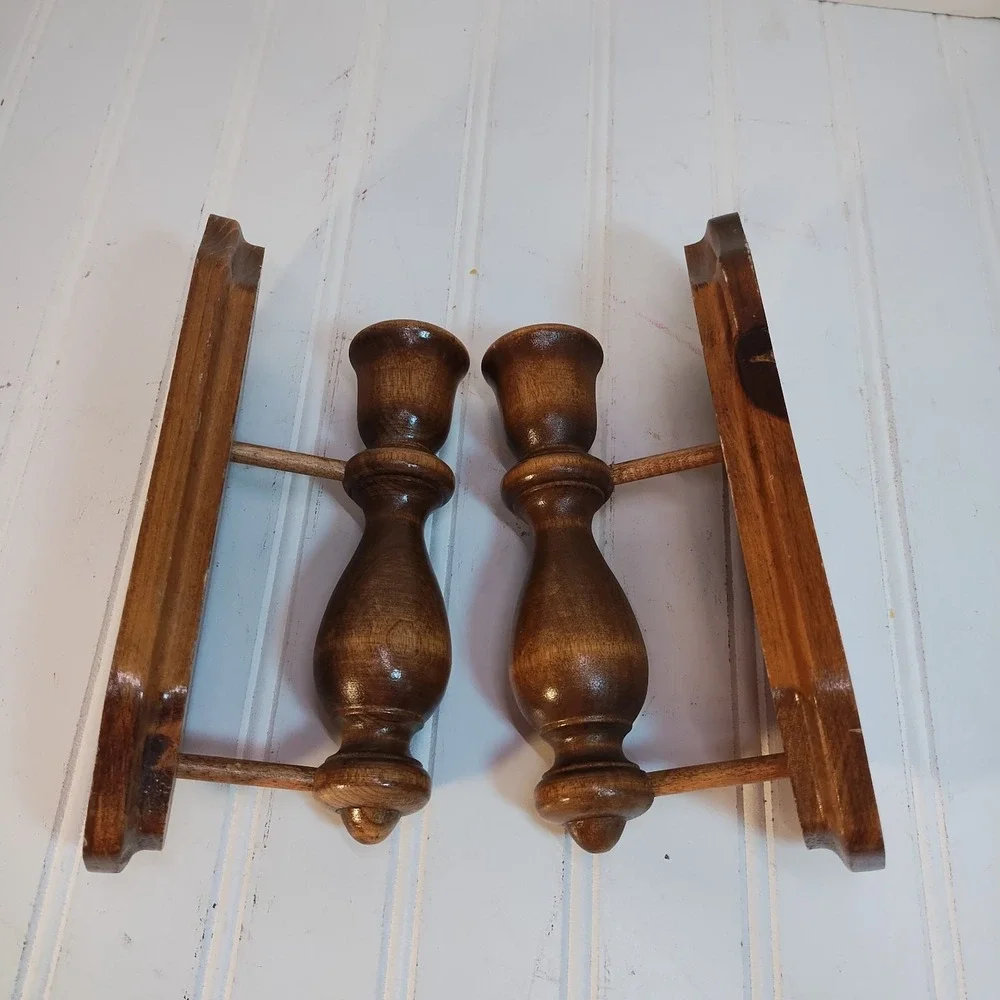 Vintage Wood Wall Sconce Candle Holders Pair Wooden Rustic Farmhouse Decor 8